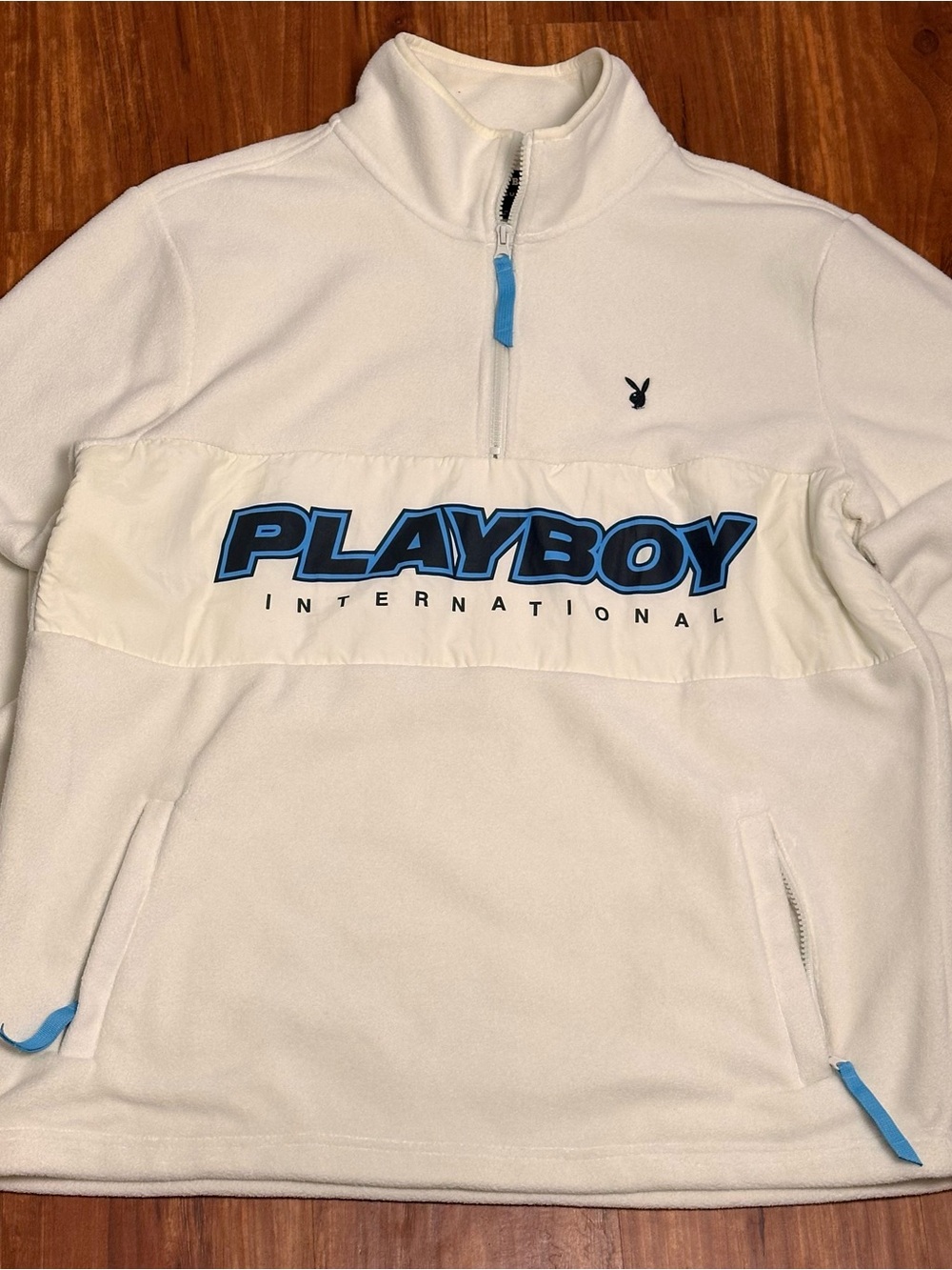 PLAYBOY White Pullover Sweater with Blue Logo Accents